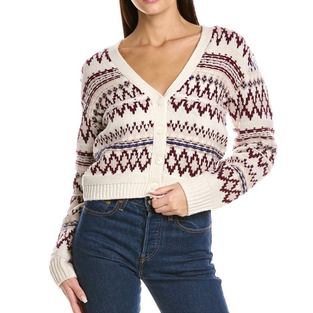 rag & bone Cream Cardigan with Burgundy and Navy Fair Isle Pattern